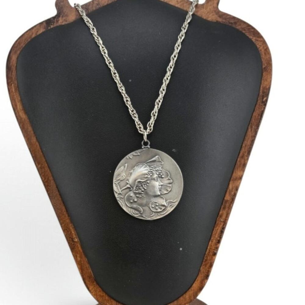 Vintage Pewter Face Medallion Pendant Necklace Art Nouveau Revival